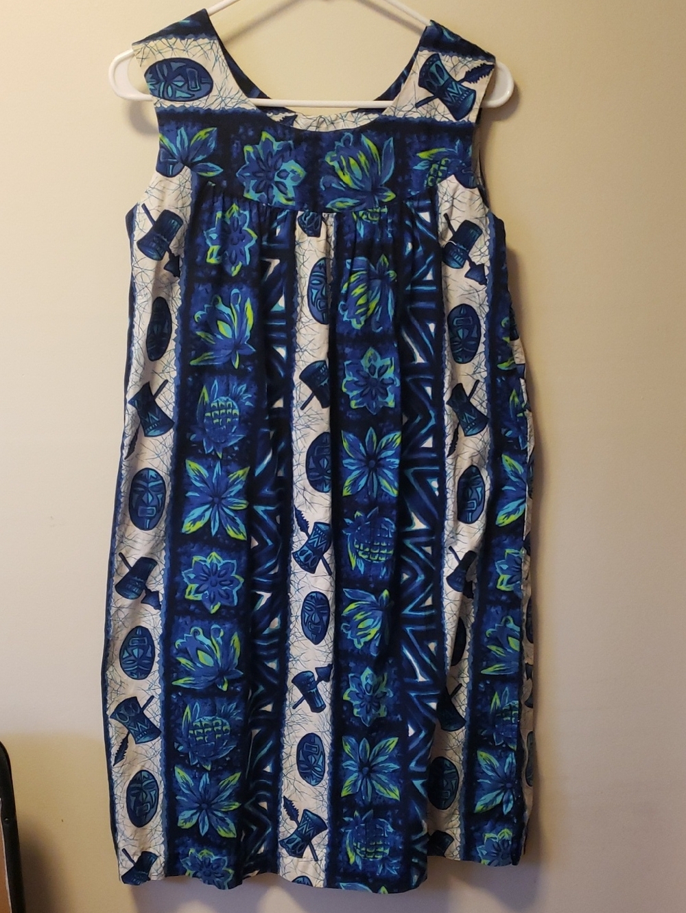 Vintage 60's Cotton Hawaiian Blue Floral Print Midi Muumuu Dress